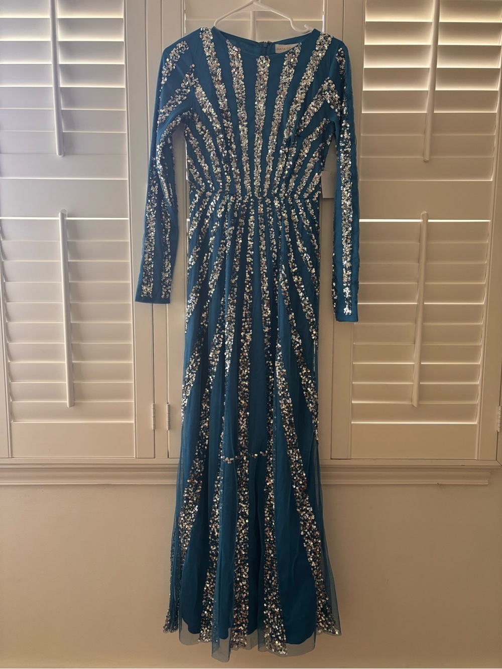 Teal Long Sleeve Sequin Evening Gown